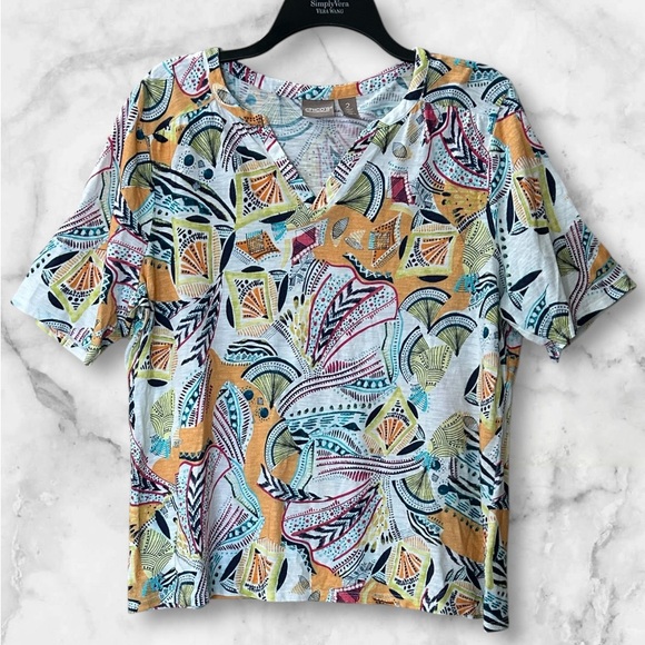 Chico’s V Neck Short Sleeve Abstract Print Tee Top Colorful Lightweight Size L - Picture 2 of 10